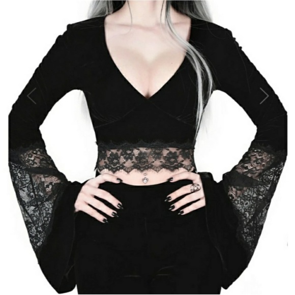 Killstar Naomi Gothic Punk Witchy Lace Crop Top Whimsigoth Bell Sleeves Velvet - Picture 1 of 11
